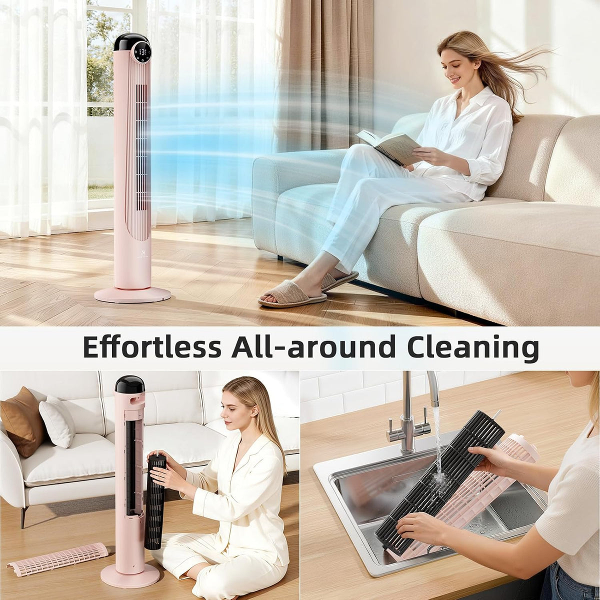 T42 Tower Fan, 42 Inch DC Brushless Motor Bladeless Oscillating Fan with Remote, 6 Speeds & 4 Modes,LED Display, 9H Timer, Quiet Floor Standing Fan for Bedroom Living Room Office, Pink