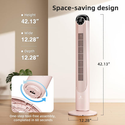 T42 Tower Fan, 42 Inch DC Brushless Motor Bladeless Oscillating Fan with Remote, 6 Speeds & 4 Modes,LED Display, 9H Timer, Quiet Floor Standing Fan for Bedroom Living Room Office, Pink