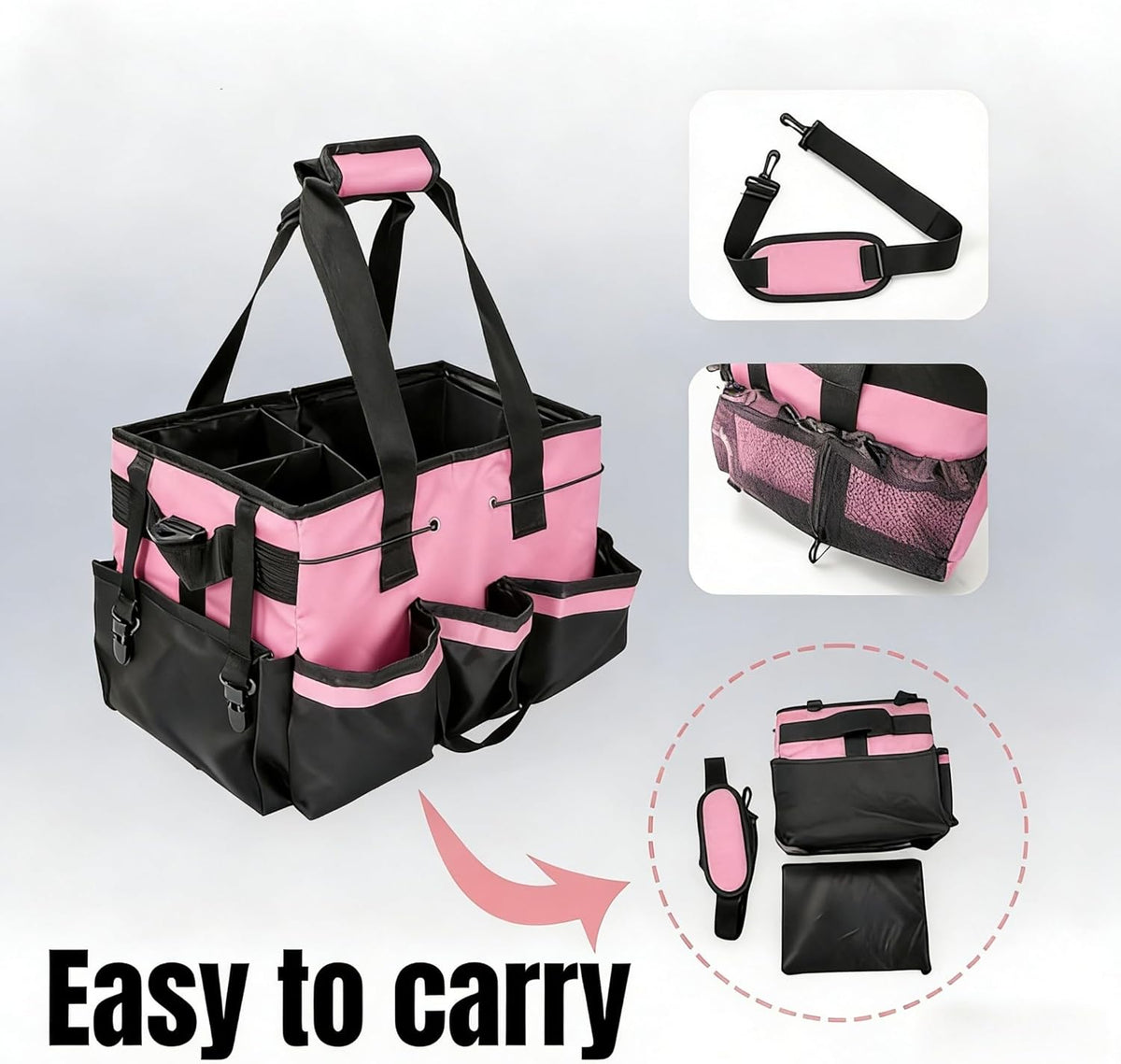 Tool Organizer Tote Bag, Pink and Black, Large Capacity with Adjustable Compartments, Portable Cleaning Storage Caddy, 14.96x10.63x9.06 Inches