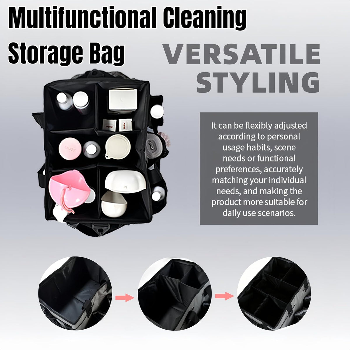 Tool Organizer Tote Bag, Pink and Black, Large Capacity with Adjustable Compartments, Portable Cleaning Storage Caddy, 14.96x10.63x9.06 Inches