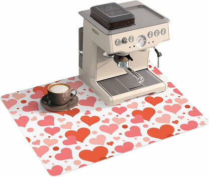Coffee Mat for Counter, Valentine's Day Red Pink Love Heart Absorbent Hide Stain Coffee Bar Mat, Non-slip Coffee Bar Accessories Kitchen Drying Mat Fit Under Coffee Maker Espresso Machine