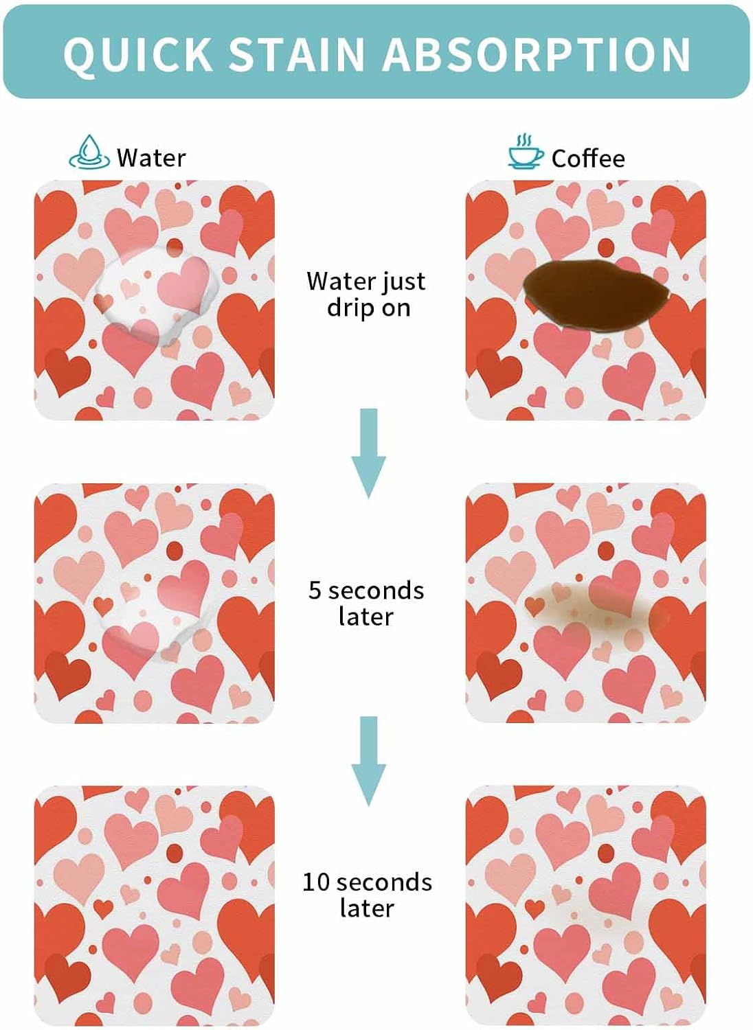 Coffee Mat for Counter, Valentine's Day Red Pink Love Heart Absorbent Hide Stain Coffee Bar Mat, Non-slip Coffee Bar Accessories Kitchen Drying Mat Fit Under Coffee Maker Espresso Machine
