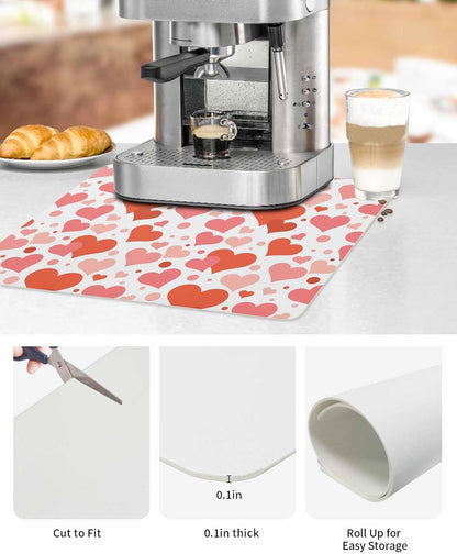 Coffee Mat for Counter, Valentine's Day Red Pink Love Heart Absorbent Hide Stain Coffee Bar Mat, Non-slip Coffee Bar Accessories Kitchen Drying Mat Fit Under Coffee Maker Espresso Machine