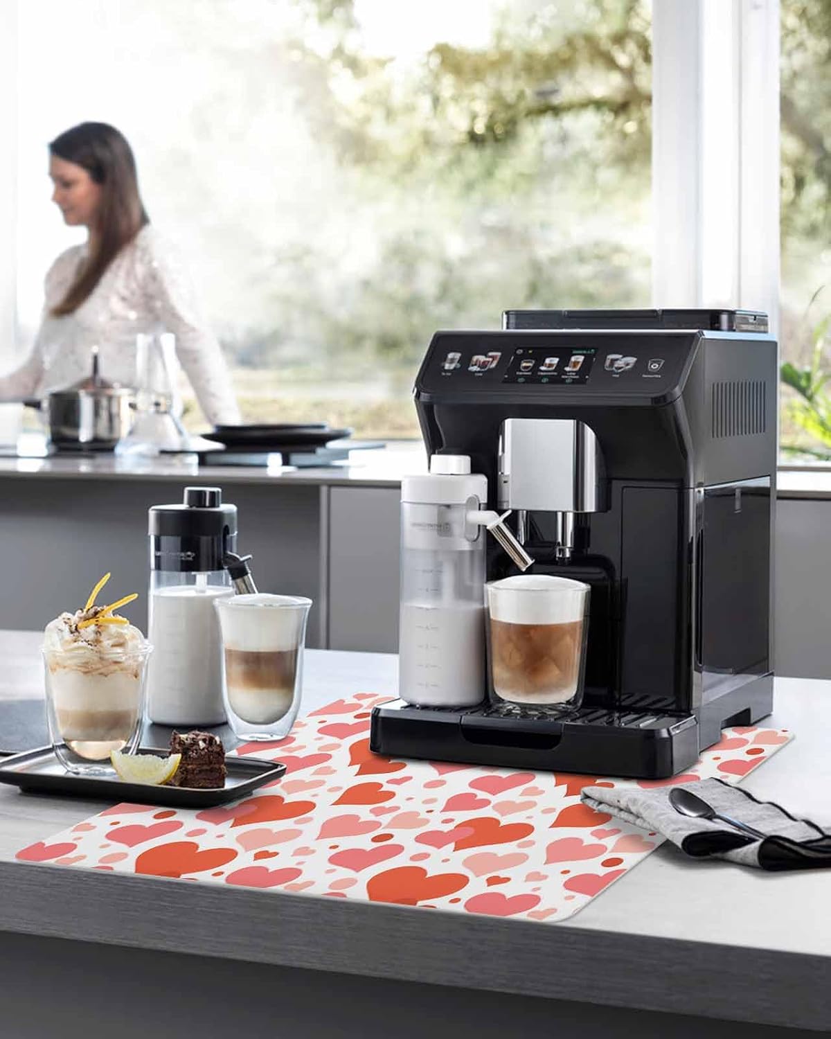 Coffee Mat for Counter, Valentine's Day Red Pink Love Heart Absorbent Hide Stain Coffee Bar Mat, Non-slip Coffee Bar Accessories Kitchen Drying Mat Fit Under Coffee Maker Espresso Machine