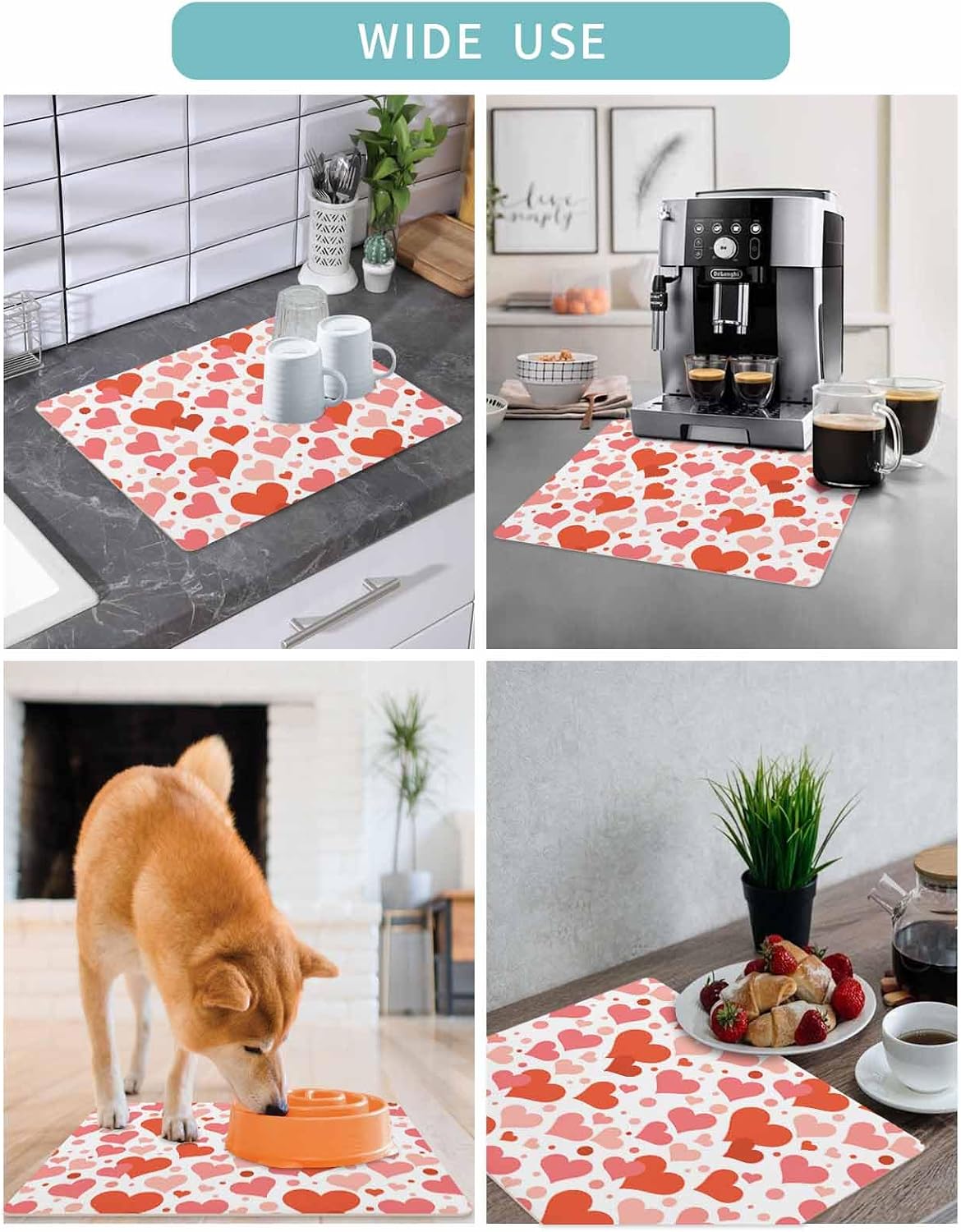 Coffee Mat for Counter, Valentine's Day Red Pink Love Heart Absorbent Hide Stain Coffee Bar Mat, Non-slip Coffee Bar Accessories Kitchen Drying Mat Fit Under Coffee Maker Espresso Machine