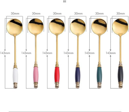 Flatware Silverware Set, 1/4/6/8/10/12 Pieces Ceramic Handle 304 Stainless Steel Spoon Cake Dessert Spoon Retro Coffee Spoon, Tableware Cutlery Set(Pink,4Pcs)