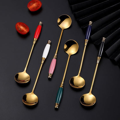Flatware Silverware Set, 1/4/6/8/10/12 Pieces Ceramic Handle 304 Stainless Steel Spoon Cake Dessert Spoon Retro Coffee Spoon, Tableware Cutlery Set(Pink,4Pcs)