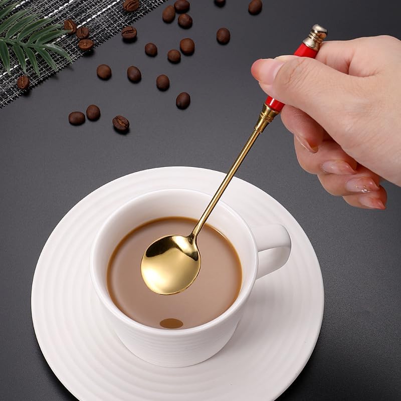 Flatware Silverware Set, 1/4/6/8/10/12 Pieces Ceramic Handle 304 Stainless Steel Spoon Cake Dessert Spoon Retro Coffee Spoon, Tableware Cutlery Set(Pink,4Pcs)