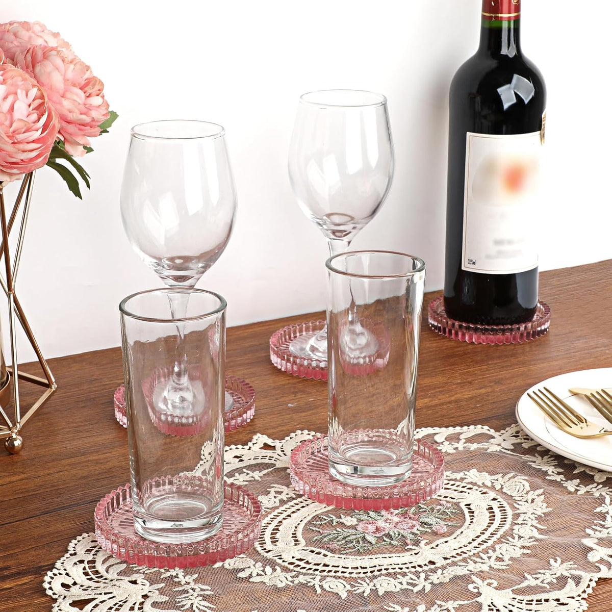 Modern Clear Coaster Set of 5- Glass Coasters for Drinks, Clear Pink