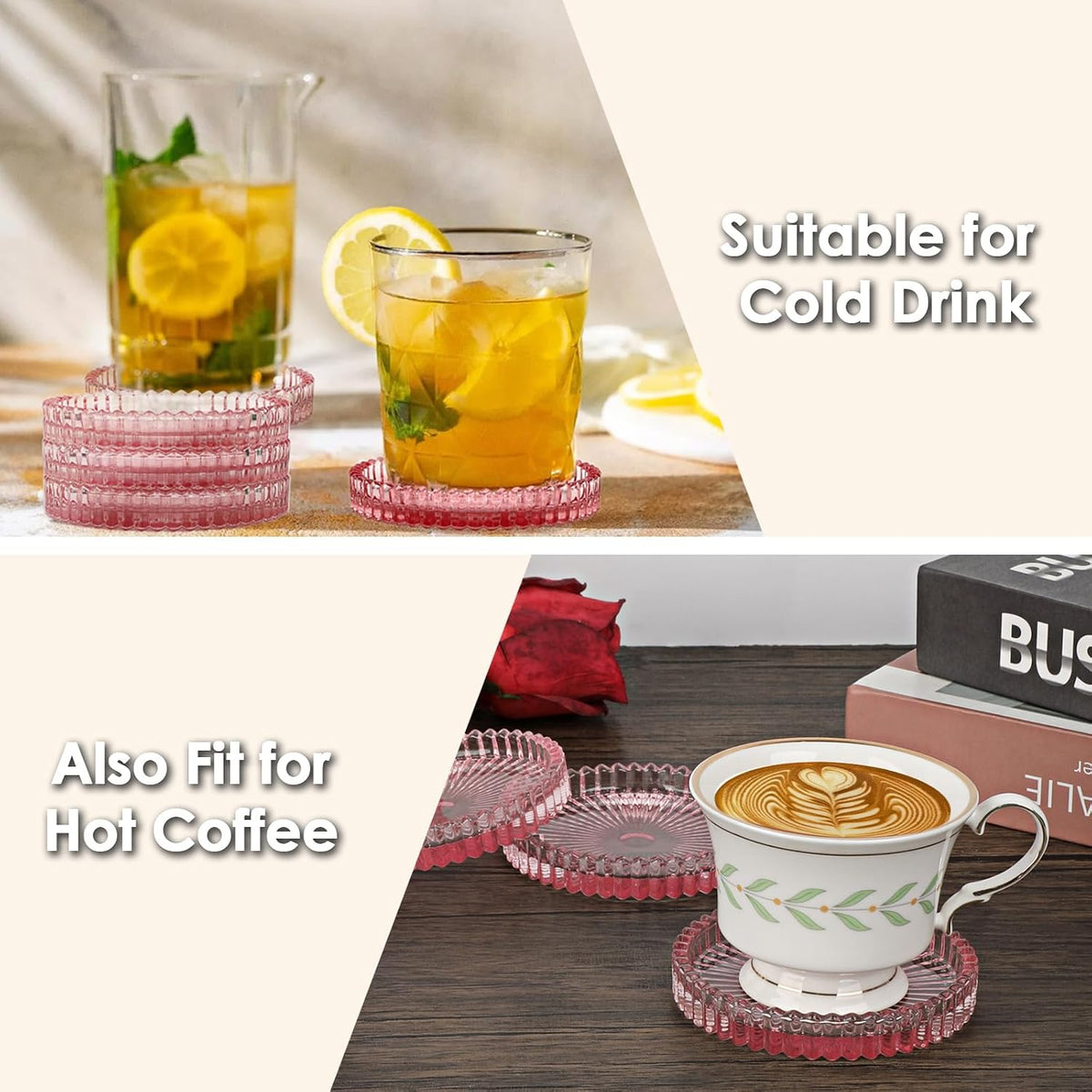 Modern Clear Coaster Set of 5- Glass Coasters for Drinks, Clear Pink