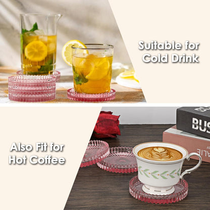 Modern Clear Coaster Set of 5- Glass Coasters for Drinks, Clear Pink