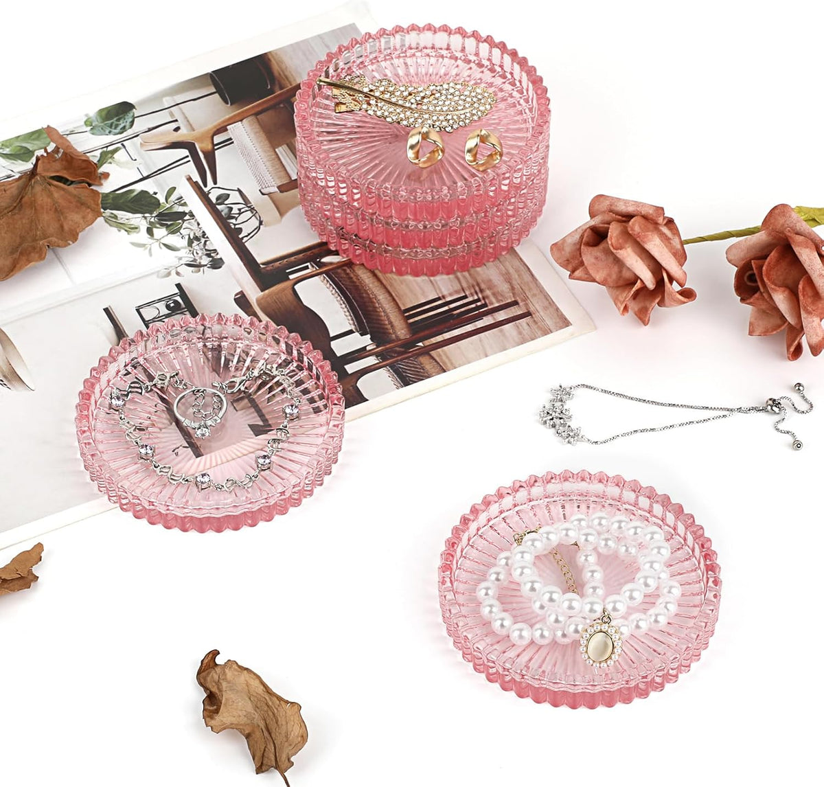 Modern Clear Coaster Set of 5- Glass Coasters for Drinks, Clear Pink