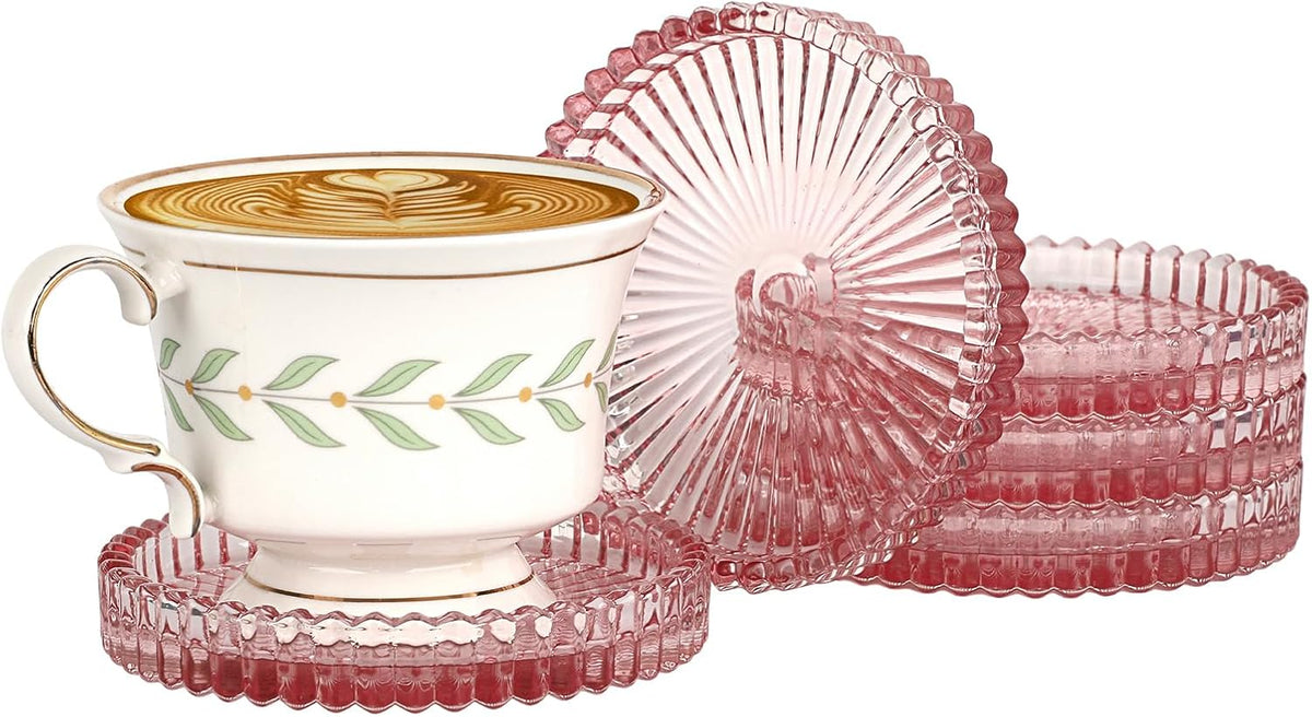 Modern Clear Coaster Set of 5- Glass Coasters for Drinks, Clear Pink
