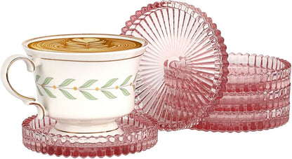 Modern Clear Coaster Set of 5- Glass Coasters for Drinks, Clear Pink