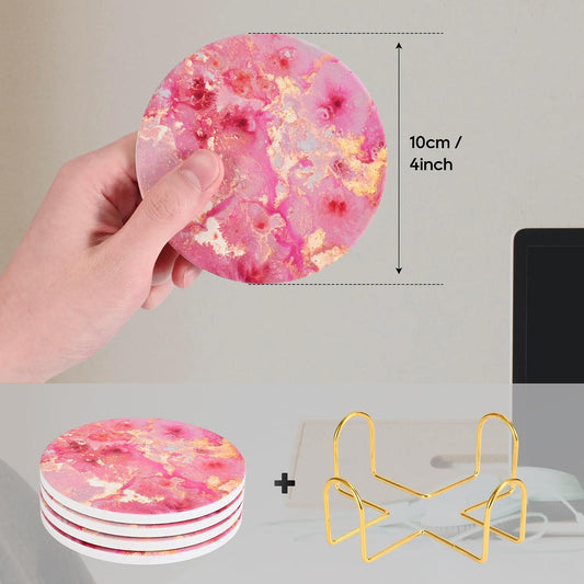 Pink and Gold Cute Desk Coasters Set of 4, Ceramic Office Drinks Coaster for Women, Pink Girls Coffee Table Decor
