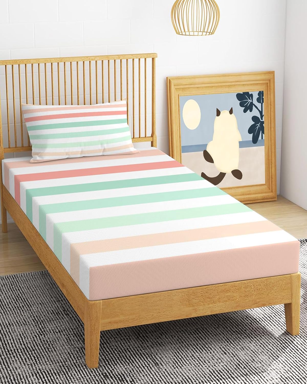 Peach Pink Green Ombre Twin XL Sheet Set 3 Piece Bedding - Farmhouse Stripe Modern Breathable Comfy Cooling Bed Sheets & Pillowcase Sets, Hotel Luxury Flat Sheets Deep Pockets Fitted Sheet