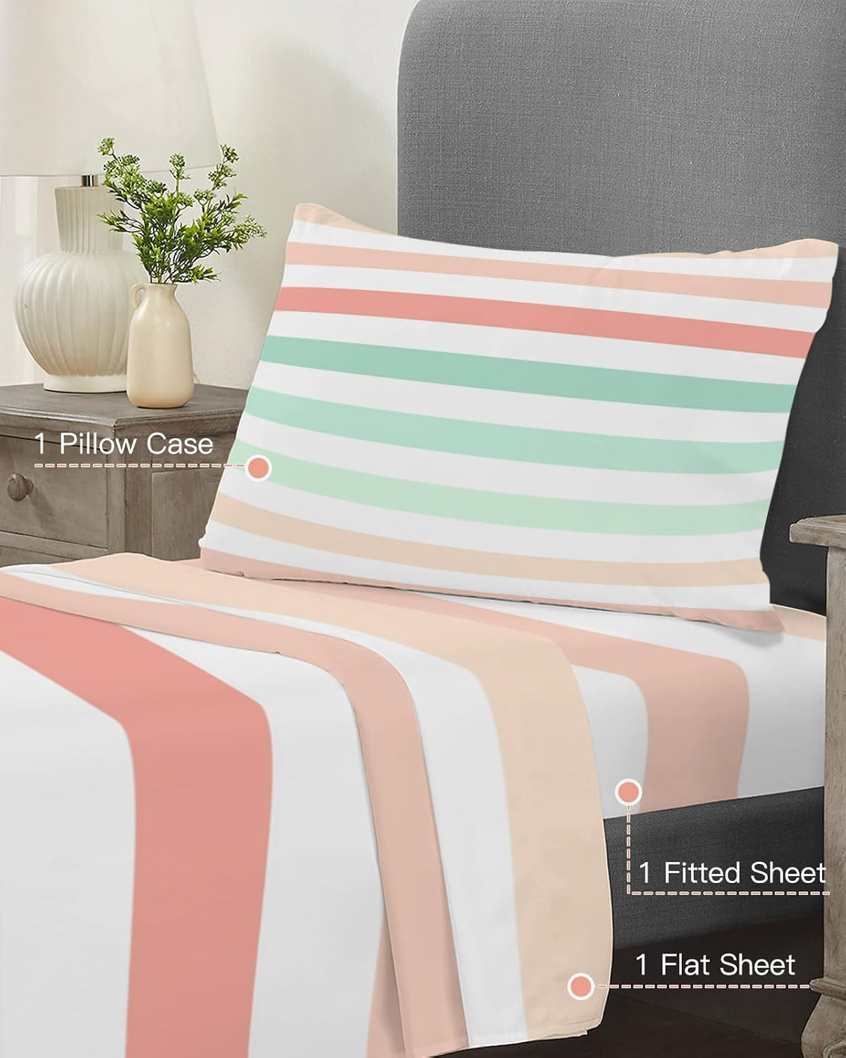 Peach Pink Green Ombre Twin XL Sheet Set 3 Piece Bedding - Farmhouse Stripe Modern Breathable Comfy Cooling Bed Sheets & Pillowcase Sets, Hotel Luxury Flat Sheets Deep Pockets Fitted Sheet