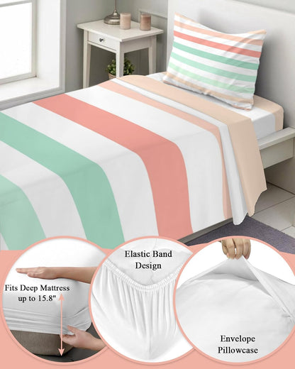 Peach Pink Green Ombre Twin XL Sheet Set 3 Piece Bedding - Farmhouse Stripe Modern Breathable Comfy Cooling Bed Sheets & Pillowcase Sets, Hotel Luxury Flat Sheets Deep Pockets Fitted Sheet