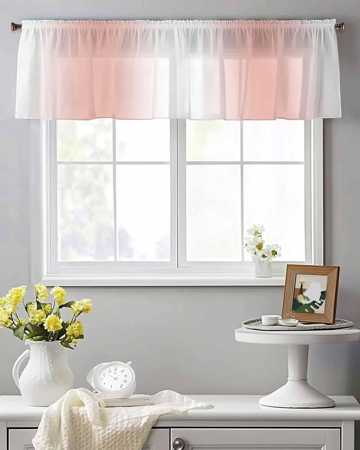 Sheer Valances for Windows Ombre Peach Pink White Window Valances Rod Pocket Gradient Color Window Treatment Sheer Curtains for Kitchen Living Room Bedroom Bathroom 42x18in