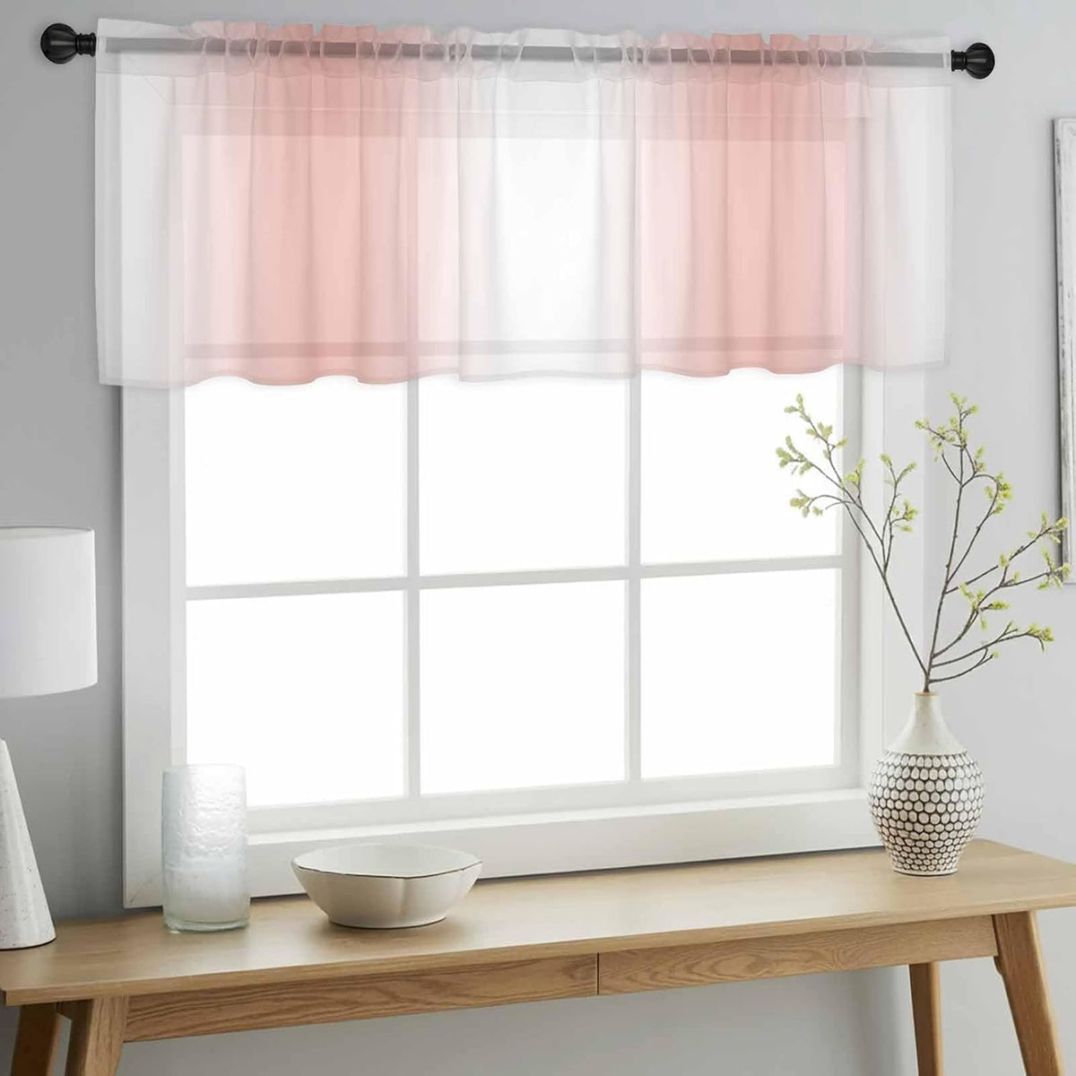 Sheer Valances for Windows Ombre Peach Pink White Window Valances Rod Pocket Gradient Color Window Treatment Sheer Curtains for Kitchen Living Room Bedroom Bathroom 42x18in