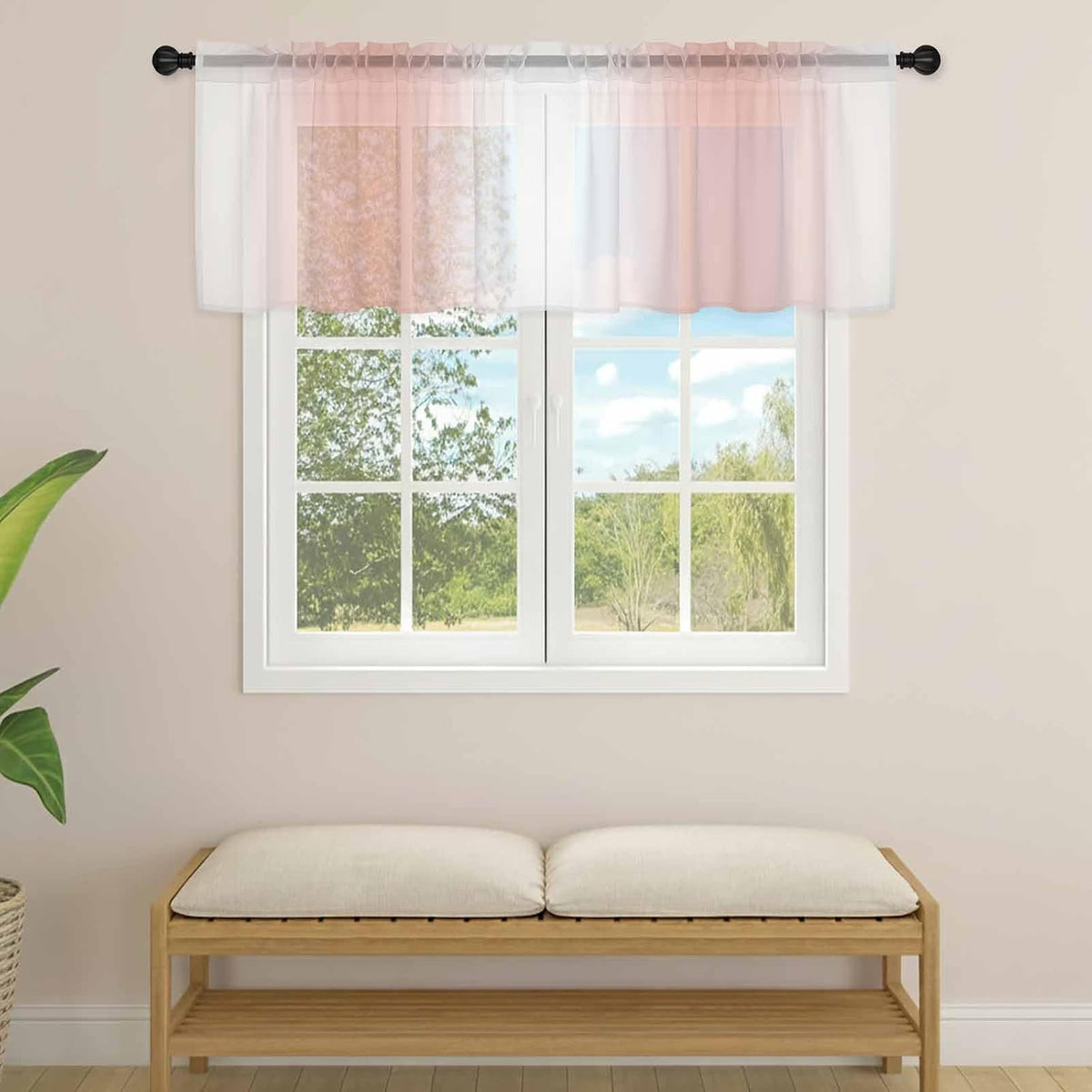 Sheer Valances for Windows Ombre Peach Pink White Window Valances Rod Pocket Gradient Color Window Treatment Sheer Curtains for Kitchen Living Room Bedroom Bathroom 42x18in