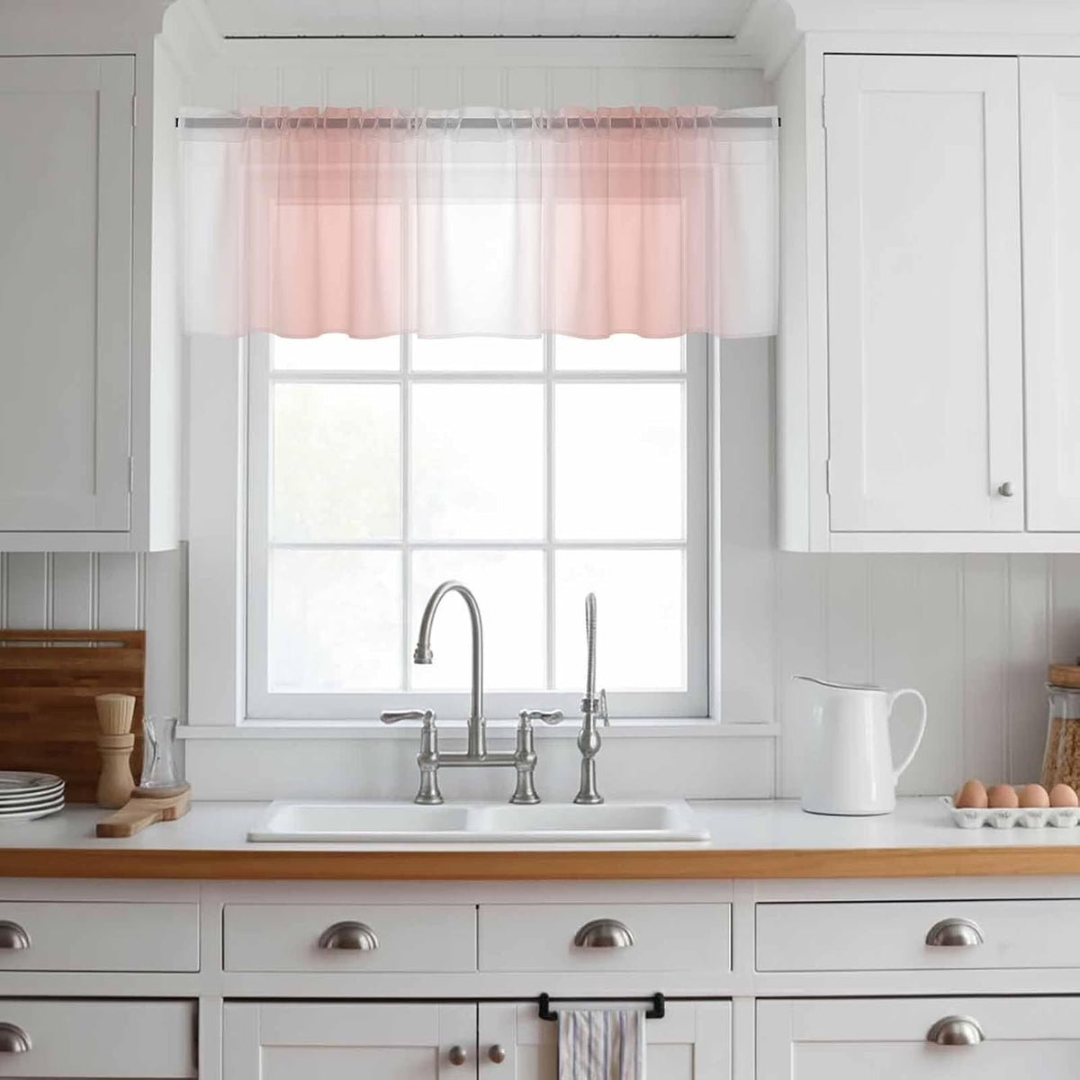 Sheer Valances for Windows Ombre Peach Pink White Window Valances Rod Pocket Gradient Color Window Treatment Sheer Curtains for Kitchen Living Room Bedroom Bathroom 42x18in
