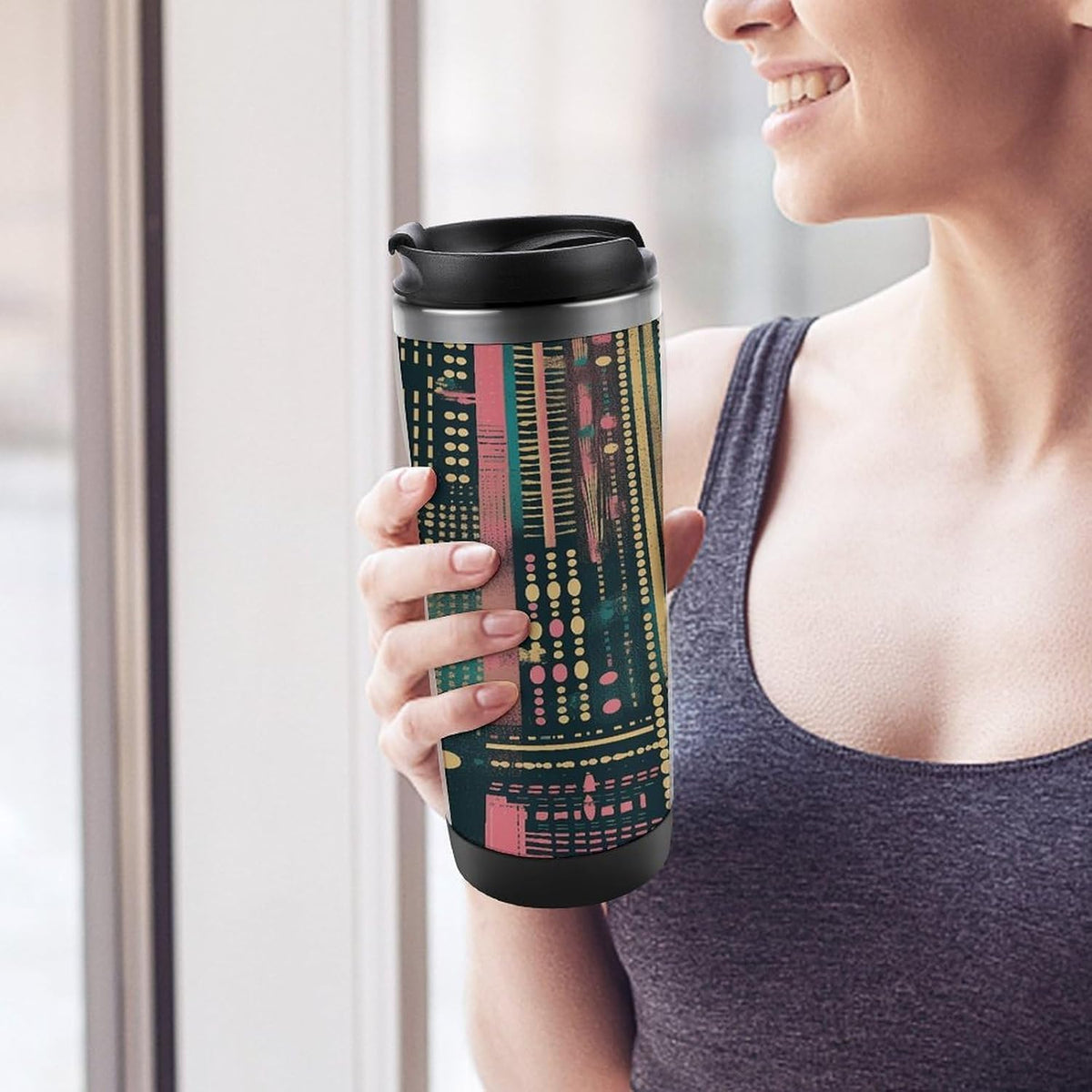 Peach Striped Pattern Stainless Steel Travel Mug, Leak-proof Reusable Thermal Coffee Cup with Lid for Hot & Cold Drinks, Insulated Tumbler for Commuting And Travel