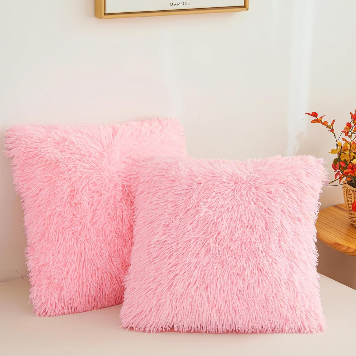 Besfunny Pink Fluffy Throw Pillow Covers 18"x18", Soft Decorative Fuzzy Plush Pink Pillow Cases, Furry Shaggy Faux Fur Cushion Covers for Sofa, Bed, and Living Room Decor, Set of 2 with Zipper