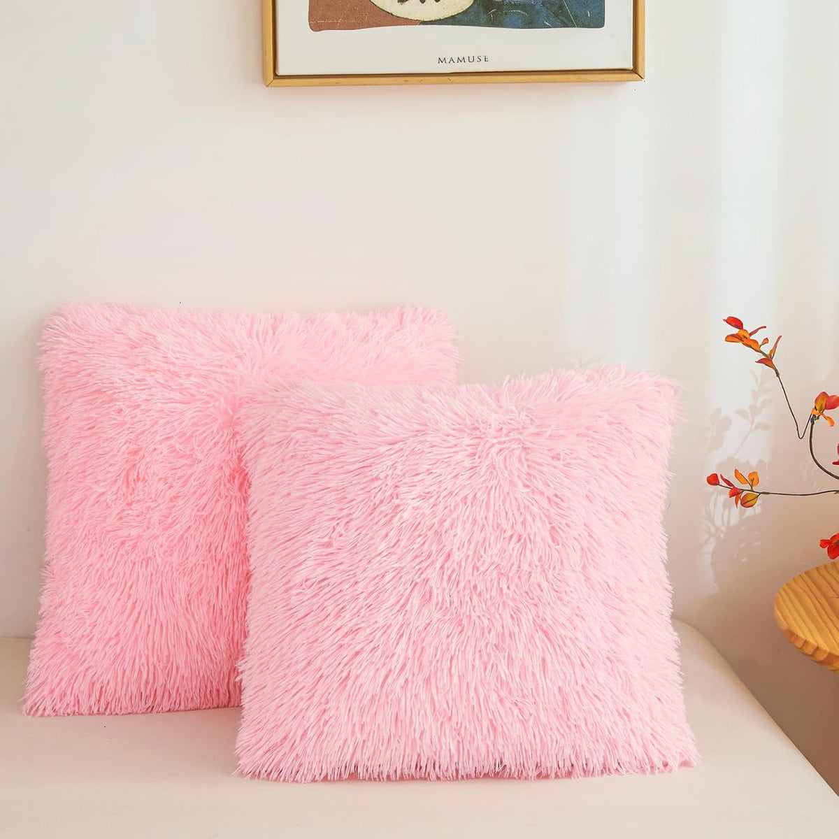 Besfunny Pink Fluffy Throw Pillow Covers 18"x18", Soft Decorative Fuzzy Plush Pink Pillow Cases, Furry Shaggy Faux Fur Cushion Covers for Sofa, Bed, and Living Room Decor, Set of 2 with Zipper
