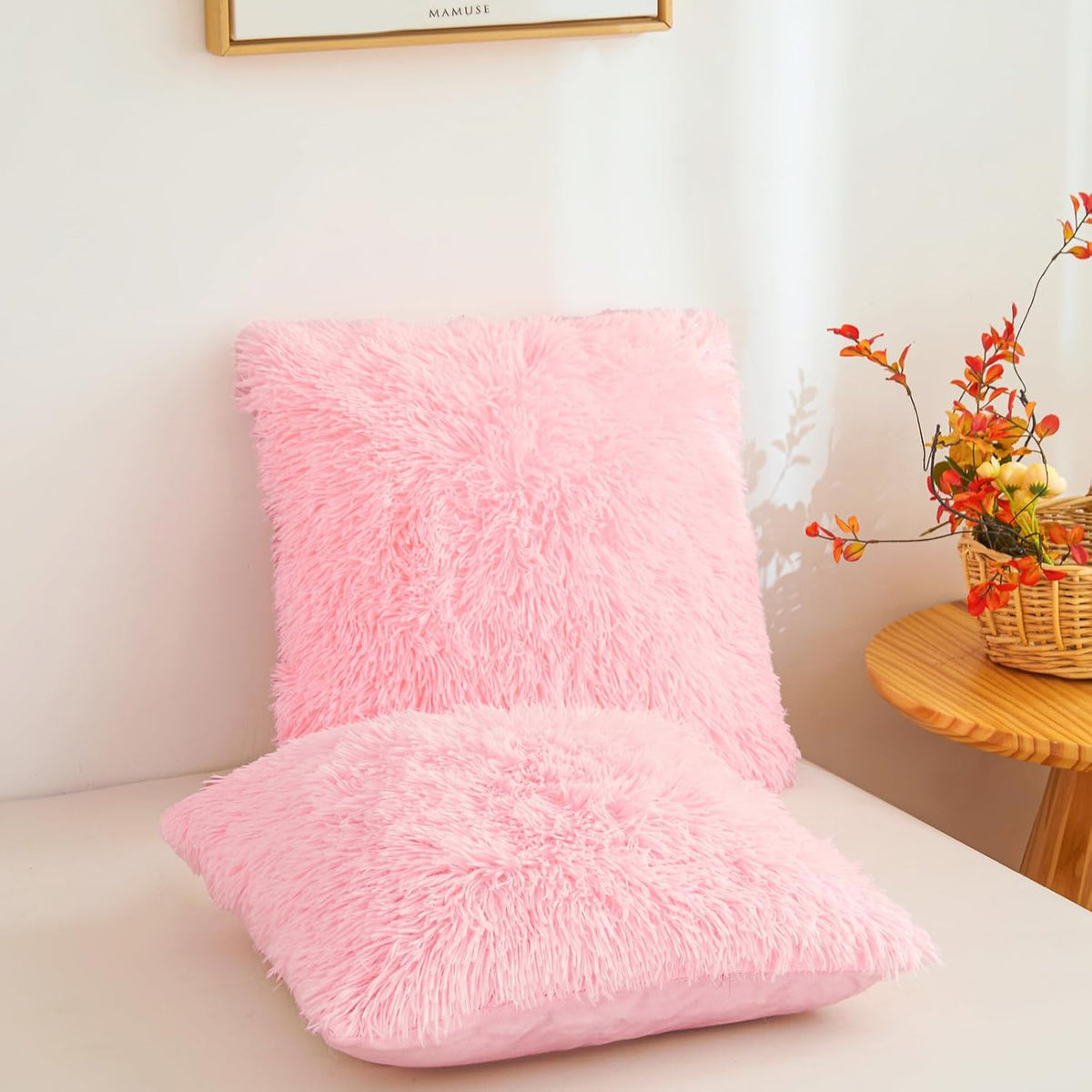 Besfunny Pink Fluffy Throw Pillow Covers 18"x18", Soft Decorative Fuzzy Plush Pink Pillow Cases, Furry Shaggy Faux Fur Cushion Covers for Sofa, Bed, and Living Room Decor, Set of 2 with Zipper