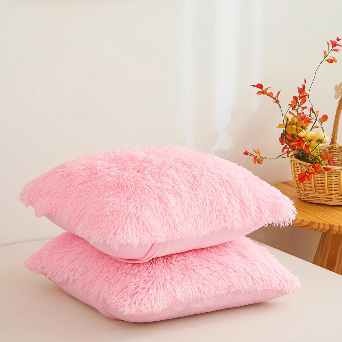 Besfunny Pink Fluffy Throw Pillow Covers 18"x18", Soft Decorative Fuzzy Plush Pink Pillow Cases, Furry Shaggy Faux Fur Cushion Covers for Sofa, Bed, and Living Room Decor, Set of 2 with Zipper