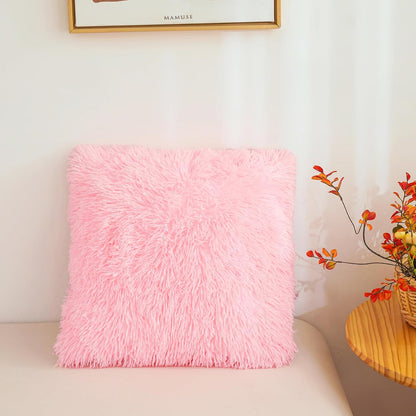 Besfunny Pink Fluffy Throw Pillow Covers 18"x18", Soft Decorative Fuzzy Plush Pink Pillow Cases, Furry Shaggy Faux Fur Cushion Covers for Sofa, Bed, and Living Room Decor, Set of 2 with Zipper
