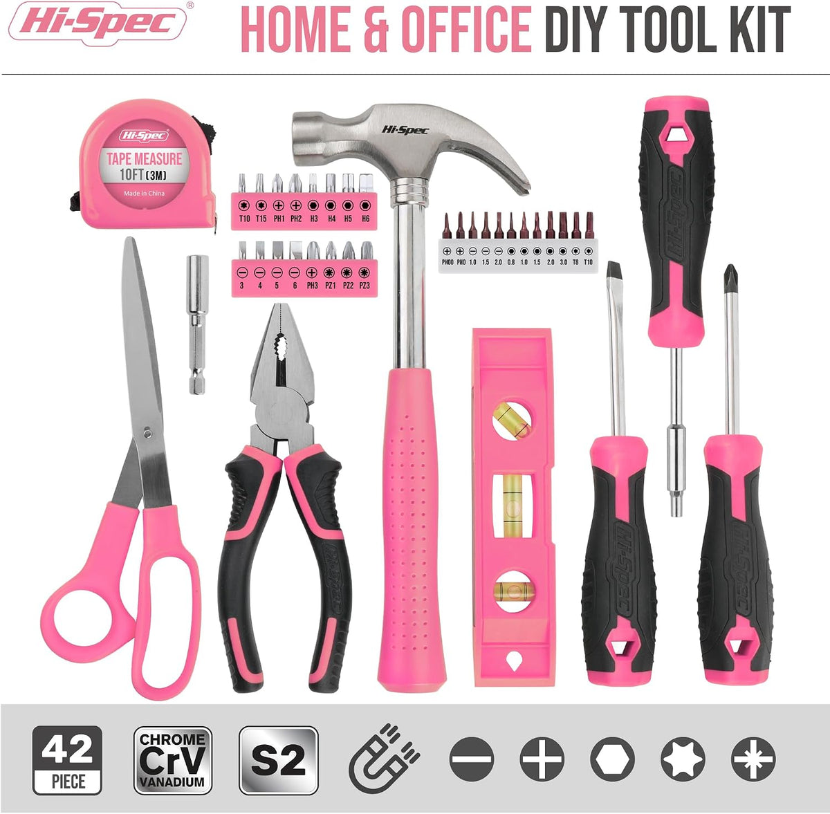 Hi-Spec Tool Kit, General Household Hand Tool Set with Toolbox Storage Case, All-in-One Compact Toolkit for DIY & Dorm Use, Pink