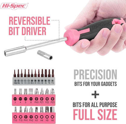Hi-Spec Tool Kit, General Household Hand Tool Set with Toolbox Storage Case, All-in-One Compact Toolkit for DIY & Dorm Use, Pink