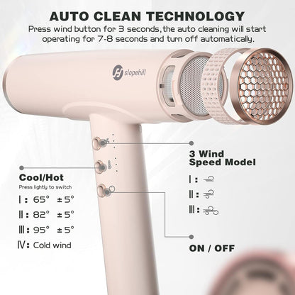 Professional Ionic Hair Dryer, High-Speed Blow Dryer with Brushless Motor for Salon Use, Lightweight Compact Hairdryer for Travel, Low Noise Quiet for Home, Ceramic Pink
