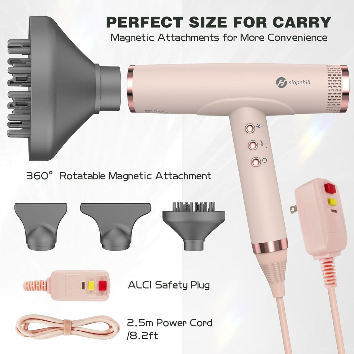 Professional Ionic Hair Dryer, High-Speed Blow Dryer with Brushless Motor for Salon Use, Lightweight Compact Hairdryer for Travel, Low Noise Quiet for Home, Ceramic Pink