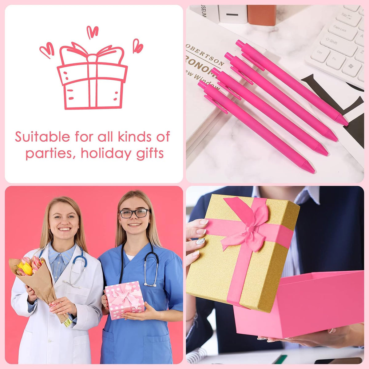 100 Pcs Pink Pens Bulk, Hot Pink Ball Point Pen Black Ink
