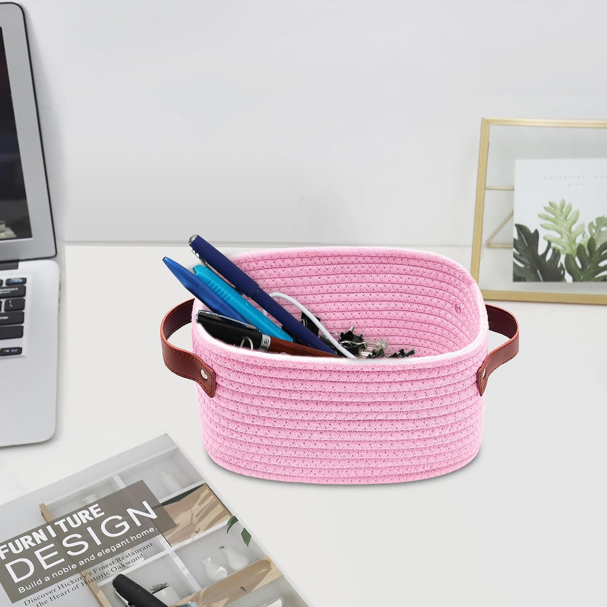 Small Storage Basket, Mini Baskets with Handle, Cute Cotton Woven Baskets for Shelves, Boho Decorative Toy Storage Bin for Nursery, Spa, Empty Gift Basket - XS, Pink