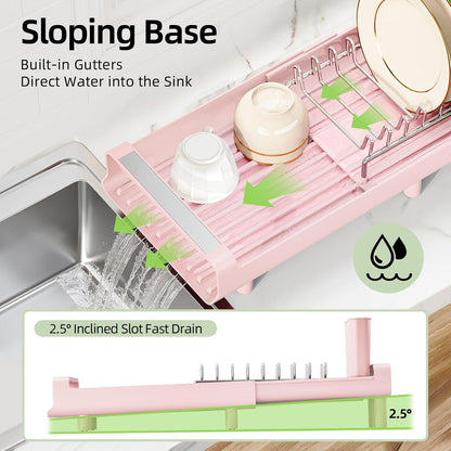 Small Dish Drying Rack, Expandable and Space-Saving, Pink