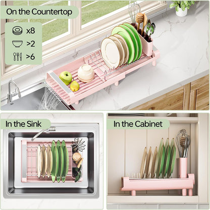 Small Dish Drying Rack, Expandable and Space-Saving, Pink