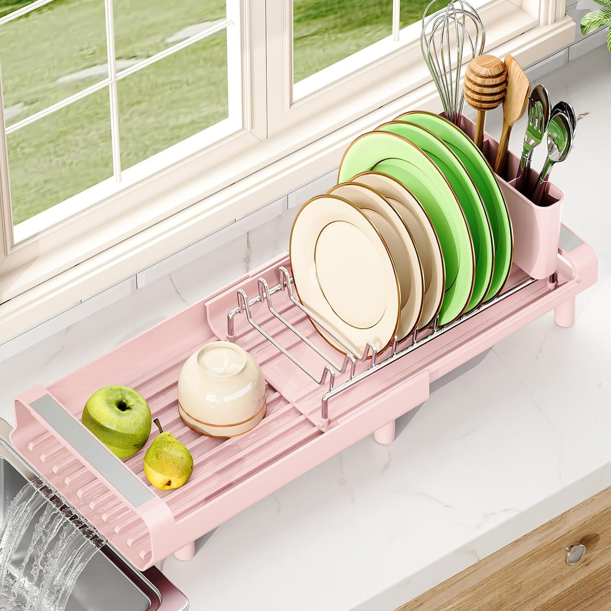 Small Dish Drying Rack, Expandable and Space-Saving, Pink