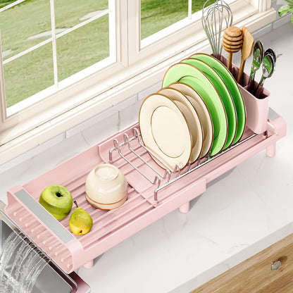 Small Dish Drying Rack, Expandable and Space-Saving, Pink