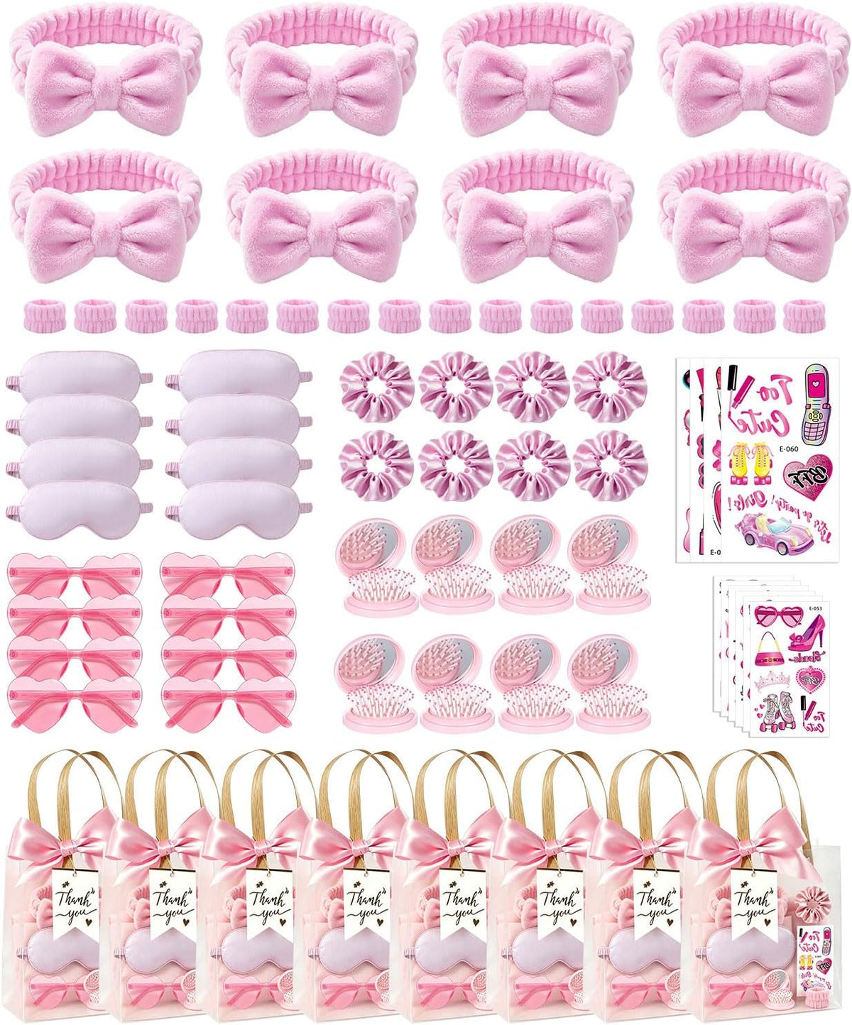 66Pcs Sleepover Party Supplies for Girls, Women Spa Party Supplies Bulk Include Headbands, Sleep Eye Mask, Mirror Hair Comb Gift Bags for Spa Sleepover Birthday Wedding Birthday Party (Pink)