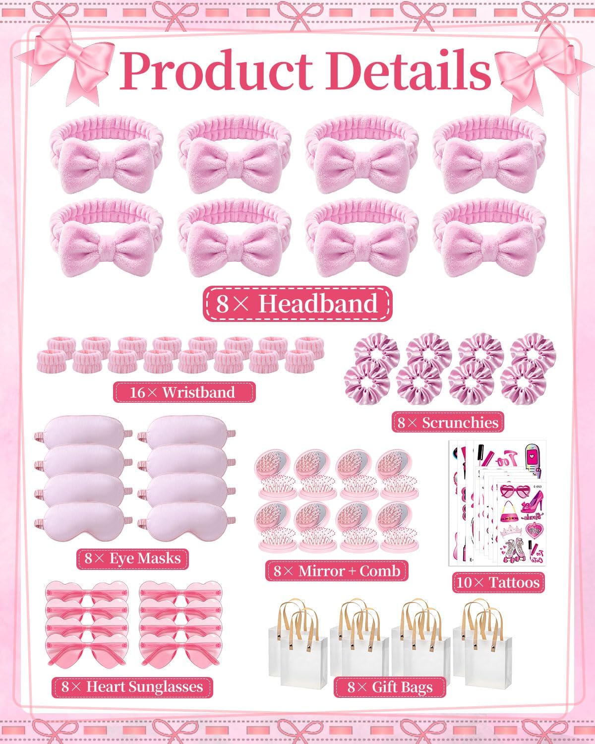 66Pcs Sleepover Party Supplies for Girls, Women Spa Party Supplies Bulk Include Headbands, Sleep Eye Mask, Mirror Hair Comb Gift Bags for Spa Sleepover Birthday Wedding Birthday Party (Pink)