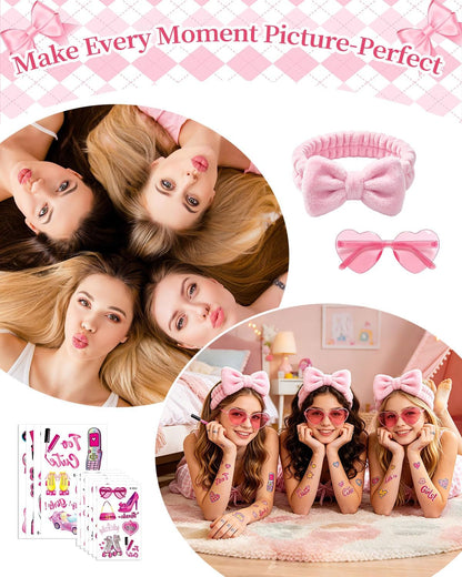 66Pcs Sleepover Party Supplies for Girls, Women Spa Party Supplies Bulk Include Headbands, Sleep Eye Mask, Mirror Hair Comb Gift Bags for Spa Sleepover Birthday Wedding Birthday Party (Pink)