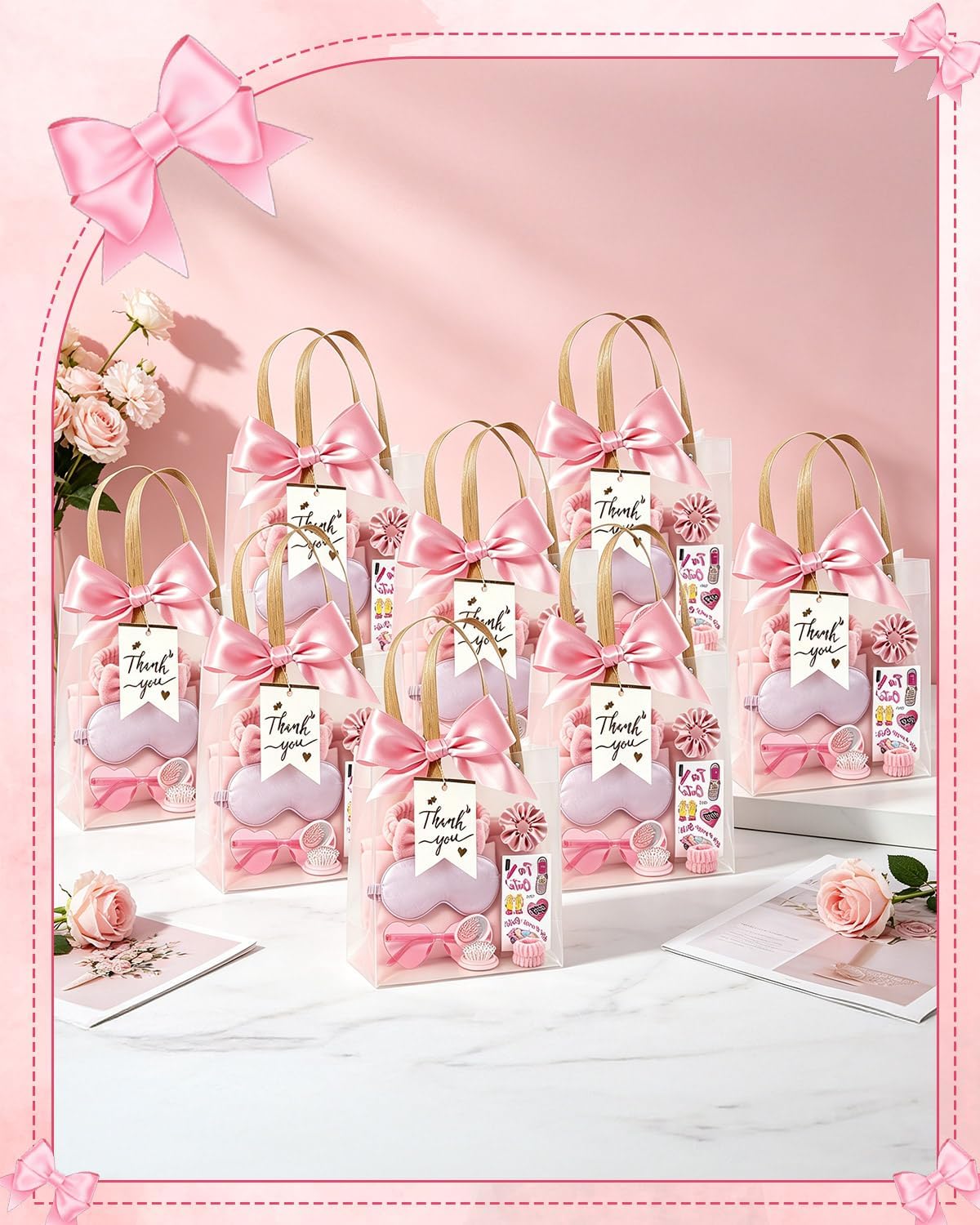 66Pcs Sleepover Party Supplies for Girls, Women Spa Party Supplies Bulk Include Headbands, Sleep Eye Mask, Mirror Hair Comb Gift Bags for Spa Sleepover Birthday Wedding Birthday Party (Pink)