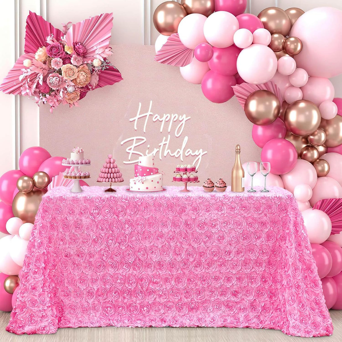 Pink Rosette Tablecloth 60 x102 Inch Floral Wedding Table Overlay