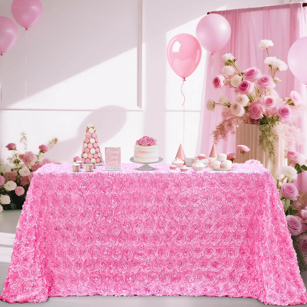 Pink Rosette Tablecloth 60 x102 Inch Floral Wedding Table Overlay
