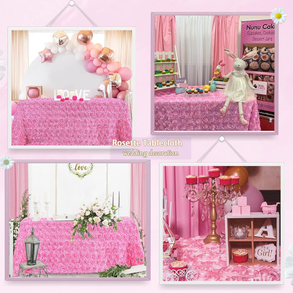 Pink Rosette Tablecloth 60 x102 Inch Floral Wedding Table Overlay