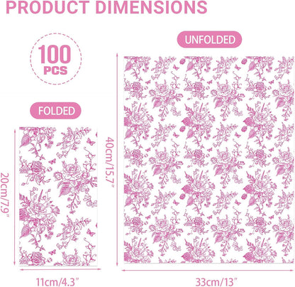 100 PCS Pink Napkins Disposable, Pink Wildflower Paper Napkins 3 Ply Paper Towels Home Party Guest Bathroom Chinoiserie Napkin Bridal Shower Wedding, Decorative Napkins